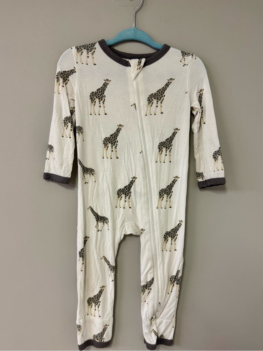 Kyte BABY Cream Giraffe-Print Zip Front One-Piece with Brown Trim